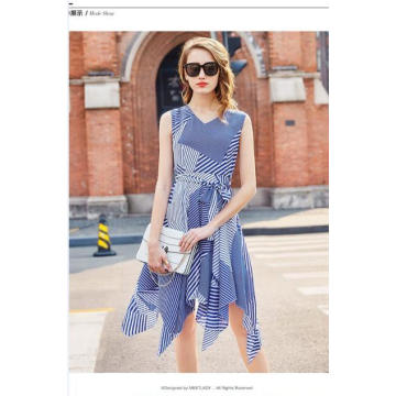 Summer Color Striped Geometry Sleeveless Irregular Charming Women′s Dress